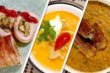 Császárszalonnába csavart, töltött sertésszűz, pacalleves és lencsefőzelék füstölt oldalassal 