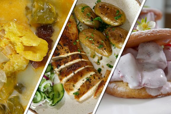 Salátaleves, pulykamellszelet újkrumplival, uborkasalátával és epres linzer a hétvégére