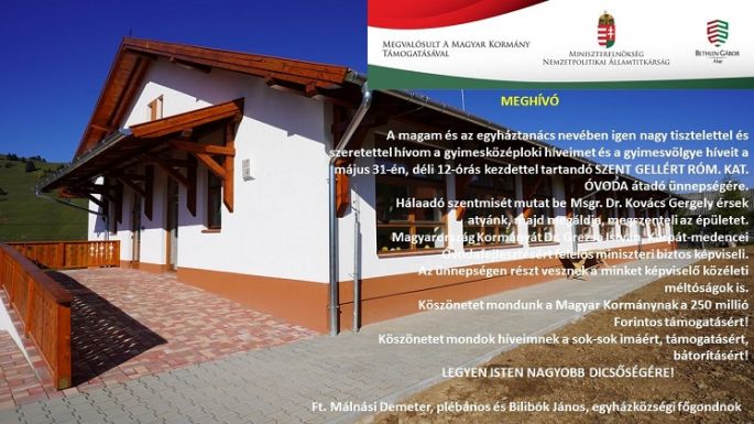 A magyar állam támogatásával épült óvodát adtak át Gyimesközéplokon