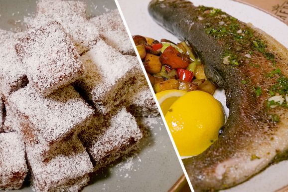 Egészben sült pisztráng ropogós zöldségekkel és Baileys-krémes kókuszkocka nőnapra