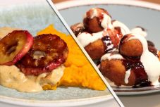 Sertésszűzérme karamellizált almával, sütőtökpürével és túrófánk a hétvégére
