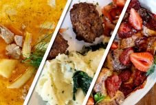 Palócleves, spenótos krumplipüré fasírttal és epres kalácsfelfújt a hétvégére