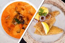 Gombaleves, pisztrángfilé puliszkával és muzsdéjjal a hétvégére