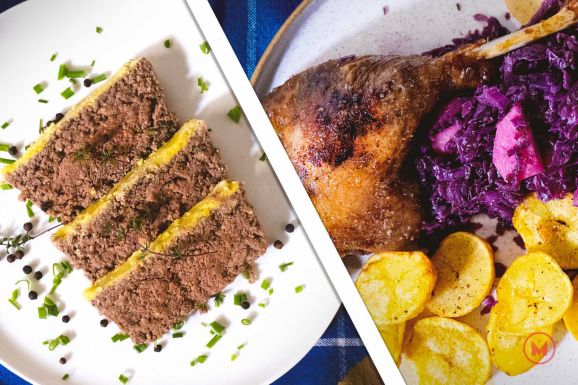 Kenőmájas és konfitált libacomb lilakáposztával, ropogós krumplival a hétvégére