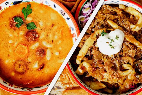 Tárkonyos paszulyleves füstölt kolbásszal és sváb krumplinudli savanyúkáposztával