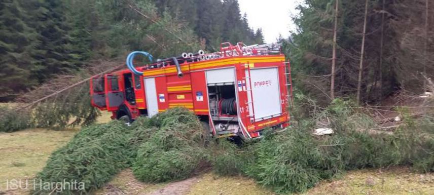 Túlságosan siettek a tűzoltóautóval, amely kisodródott egy kanyarban és több fát kidöntött Hargita megyében