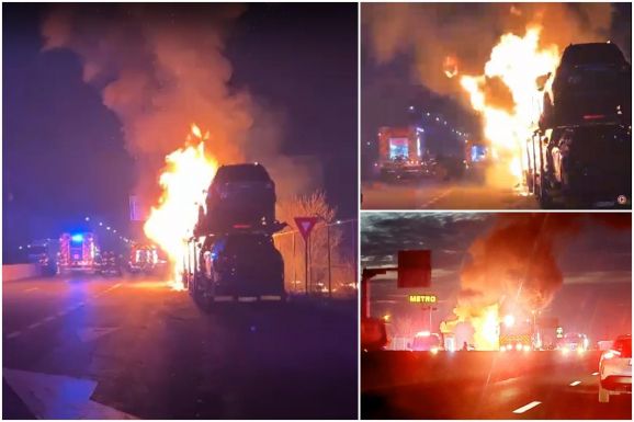 Kigyulladt egy autókat szállító kamion, négy autó kiégett