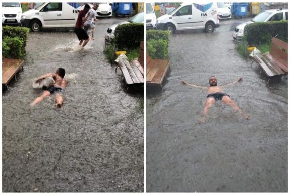 Tömbháza bejárata előtt lubickol egy romániai férfi