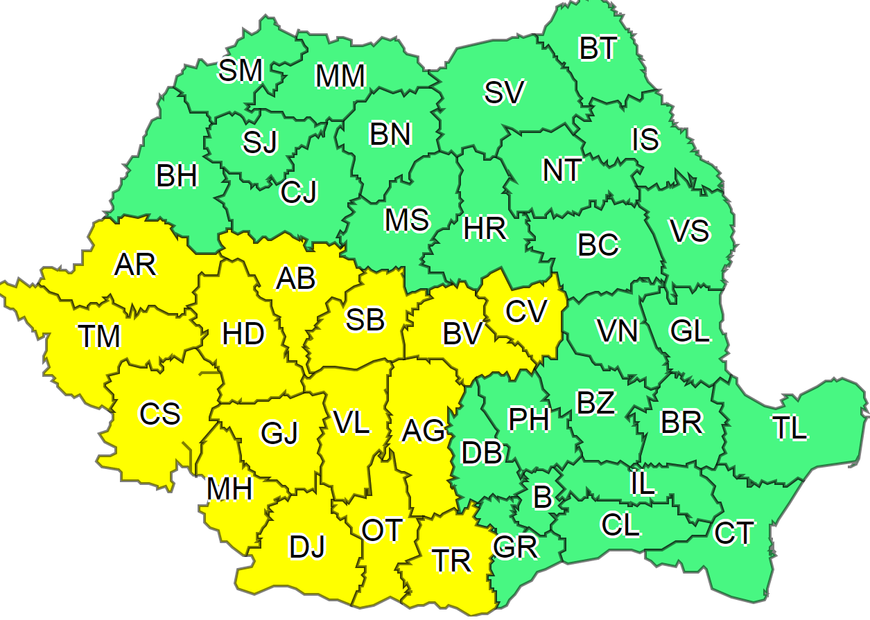 A sárga megyék az érintett területek | Forrás: meteoromania.ro