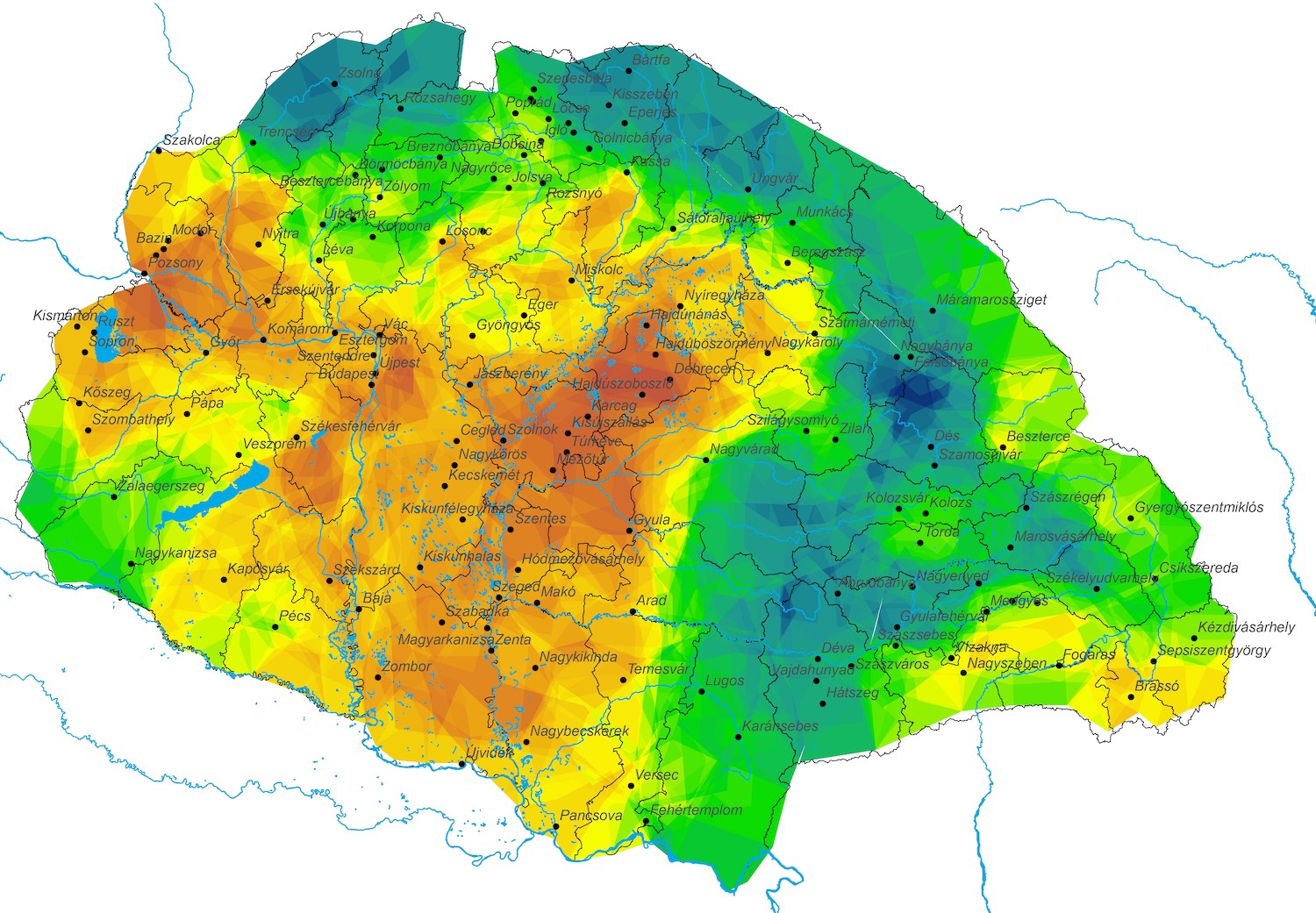 Területi egyenlőtlenségek Magyarországon 1910-ben: minél vörösebb egy terület, annál fejlettebb és minél fejletlenebb, annál kékebb l Fotó: Válasz Online/ GISta Hungarorum/Demeter Gábor