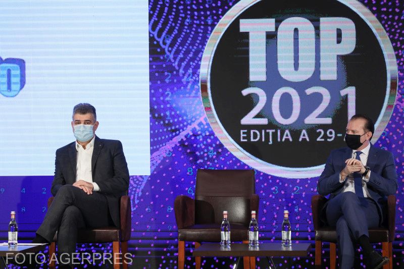 Marcel Ciolacu, a PSD és Florin Cîțu, a PNL elnöke a Cégek toplistája elnevezésű rendezvényen beszélt az RMDSZ bevonásáról | Fotó: Agerpres