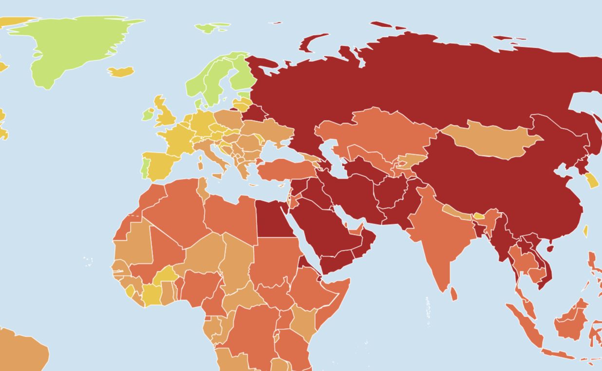 Képernyőmentés: részlet az RSF sajtószabadság helyzetét ábrázoló világtérképéből