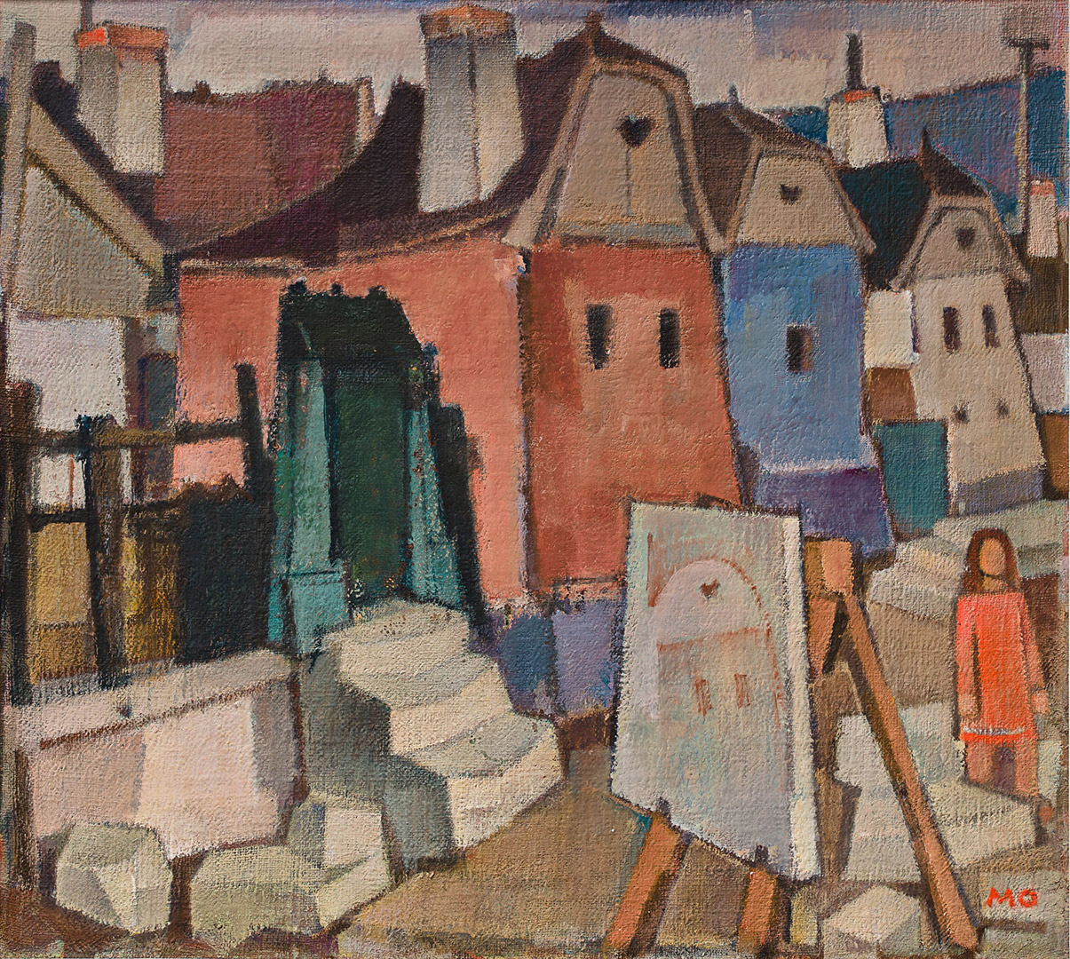 Hegyvölgy utca festőállvánnyal, 1971, olaj, vászon (Sapientia Alapítvány)
