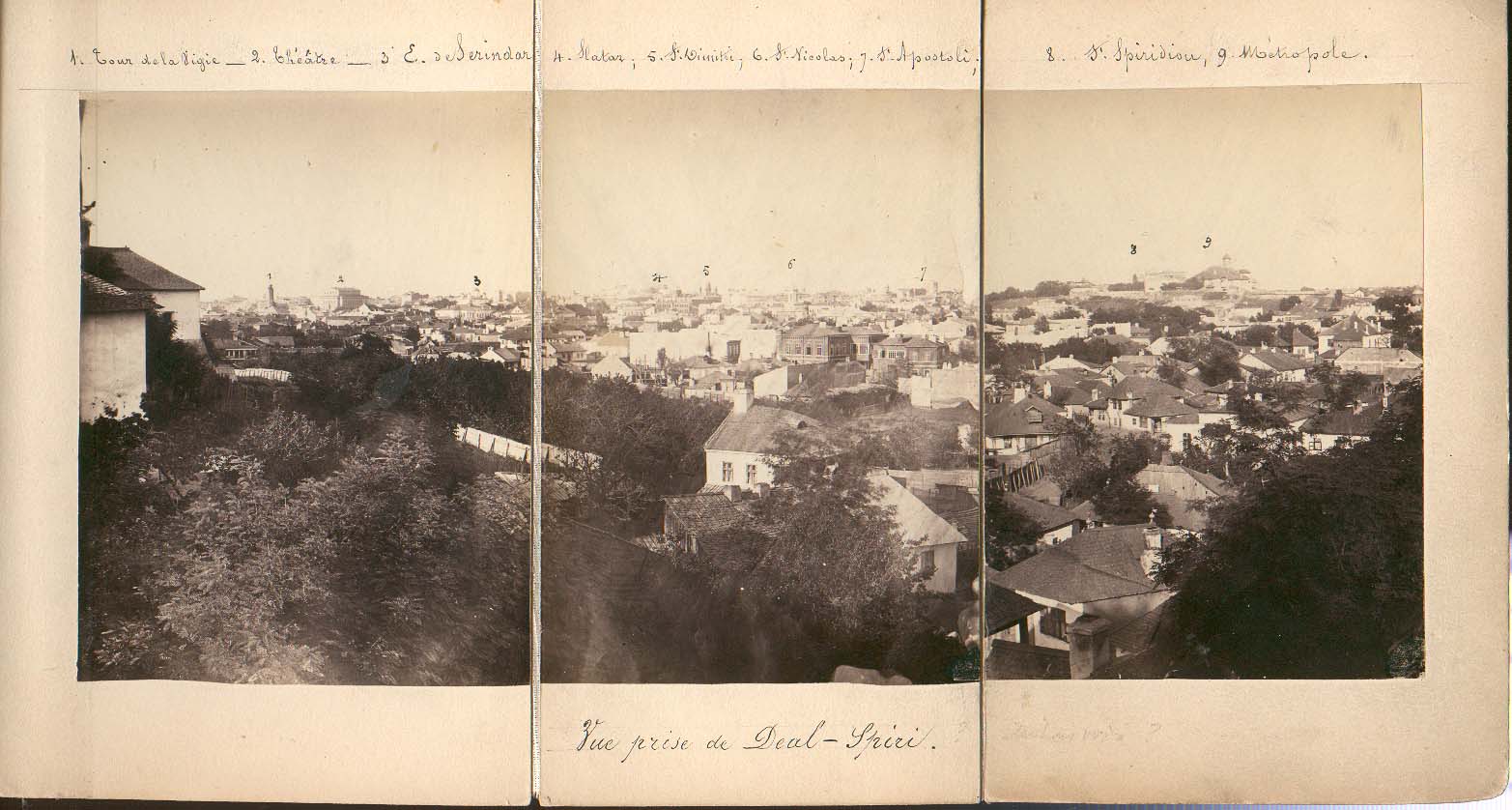 Bukarest látképe az Elena Cuzának összeállított Románia-albumban, mely 55 képet tartalmaz. 1860 körül. Mérete: 115 x 235 mm. Forrás: Román Akadémia könyvtára / FI 66267.