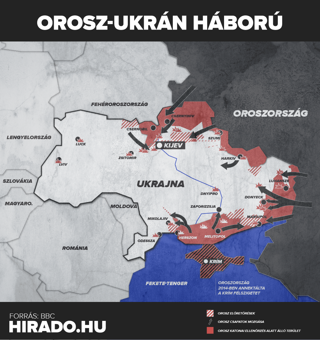 A brit védelmi minisztérium legfrissebb adatai szerint jelenleg így állnak a frontvonalak Ukrajnában