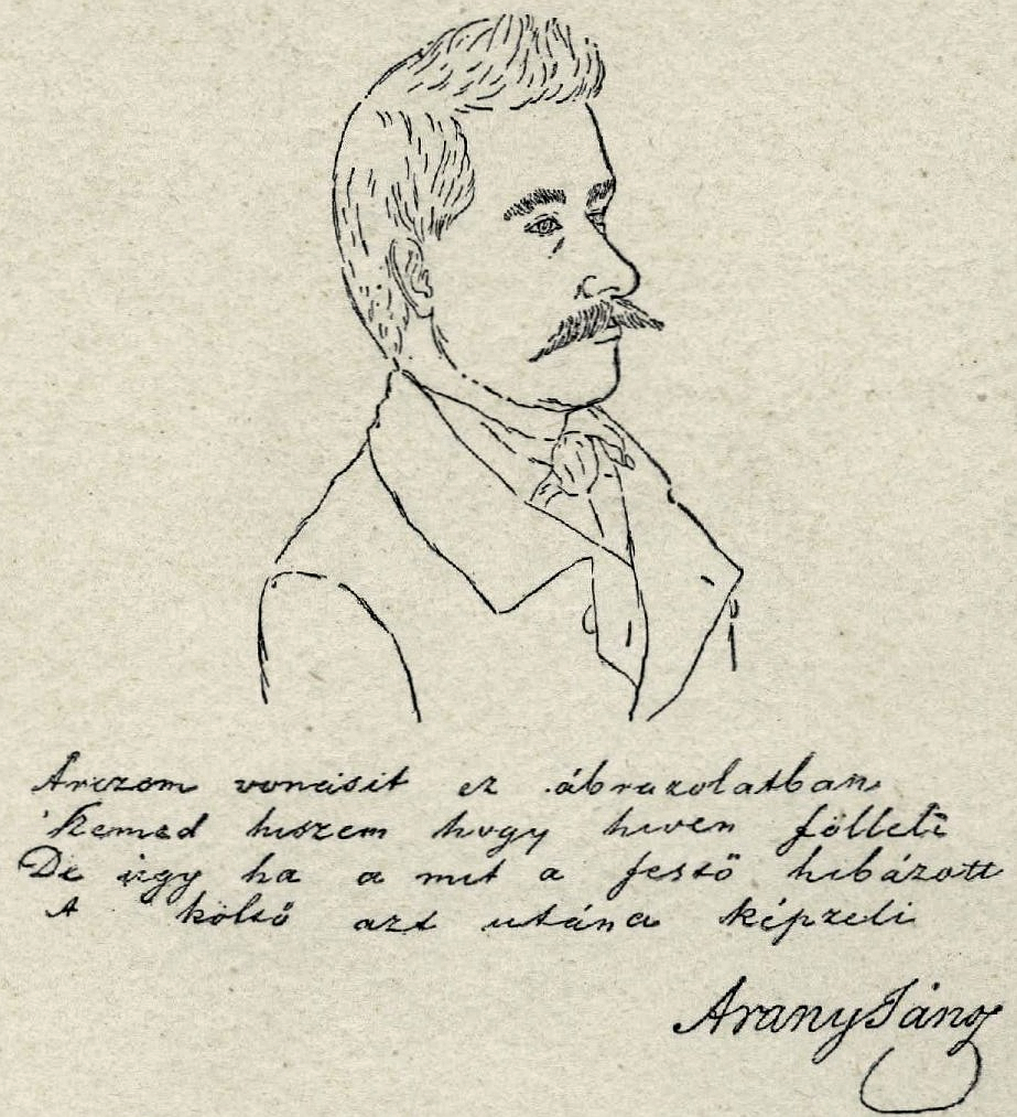 Petőfi rajza Aranyról, utóbbi soraival | Forrás: Wikipédia