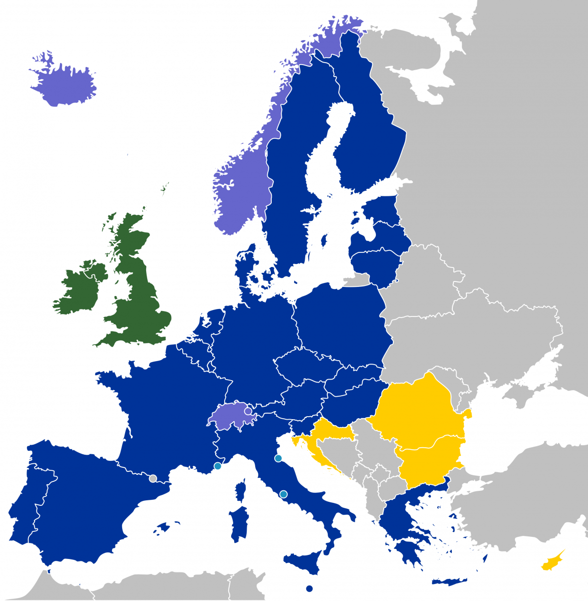 Horvátország január elsején csatlakozott, sőt az eurót is bevezette, míg Románia és Bulgária továbbra is várólistás. | Forrás: Wikipédia