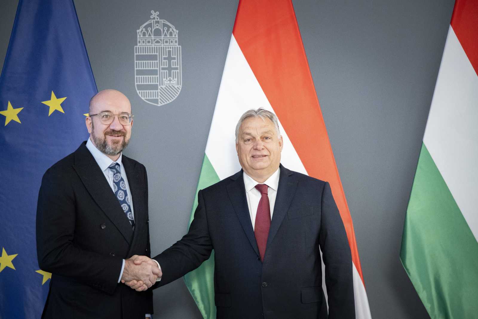 Charles Michel és Orbán Viktor budapesti kézfogása Fotó: MTI 