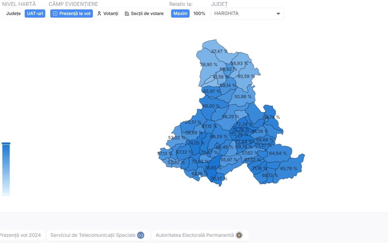 Az északi részeken volt a legalacsonyabb a részvétel | Forrás: https://prezenta.roaep.ro