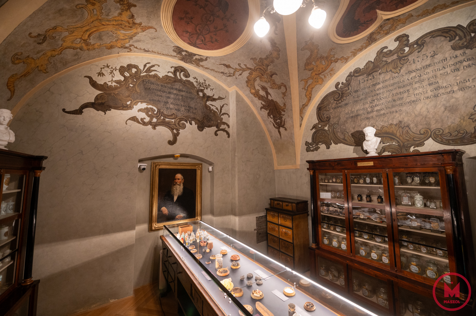 A régi officína az a helyiség, ahol a 18. században a gyógyszereket árulták és a vásárlókkal érintkeztek. Ez egy festményekkel és feliratokkal gazdagon díszített helyiség, amelyet a Hintz család irodaként használt. A középen elhelyezett asztalon a legérdekesebb állati, sőt emberi eredetű (múmiapor) alapanyagok láthatók. A helyiség bútordarabjai pedig régi erdélyi gyógyszertárakból származnak, gyógyszerészeti edényei különböző anyagokból – kerámia, fa, fém vagy üveg – készültek, átlátszóak, lakkozottak vagy színezettek voltak, hogy megvédjék a tartalmat a napsugaraktól.