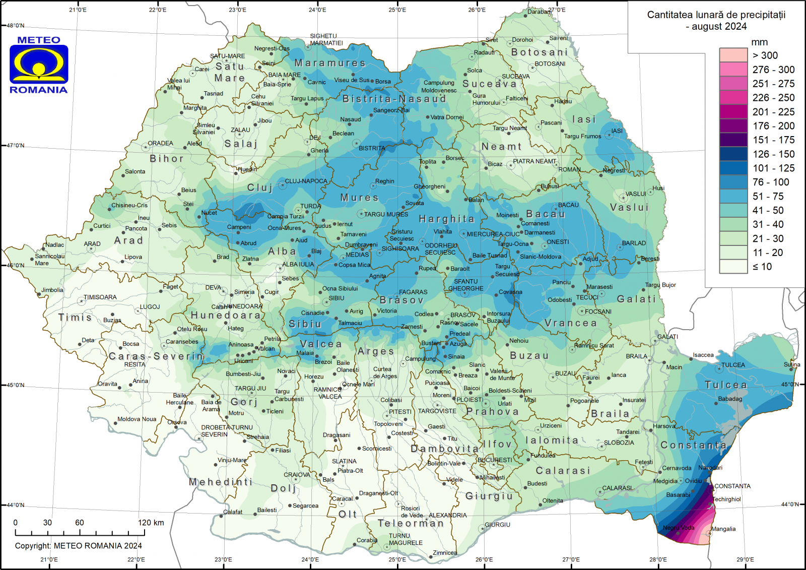 Csapadékmennyiség 2024 augusztusában milliméterben megadva | Kép forrása: meteoromania.ro