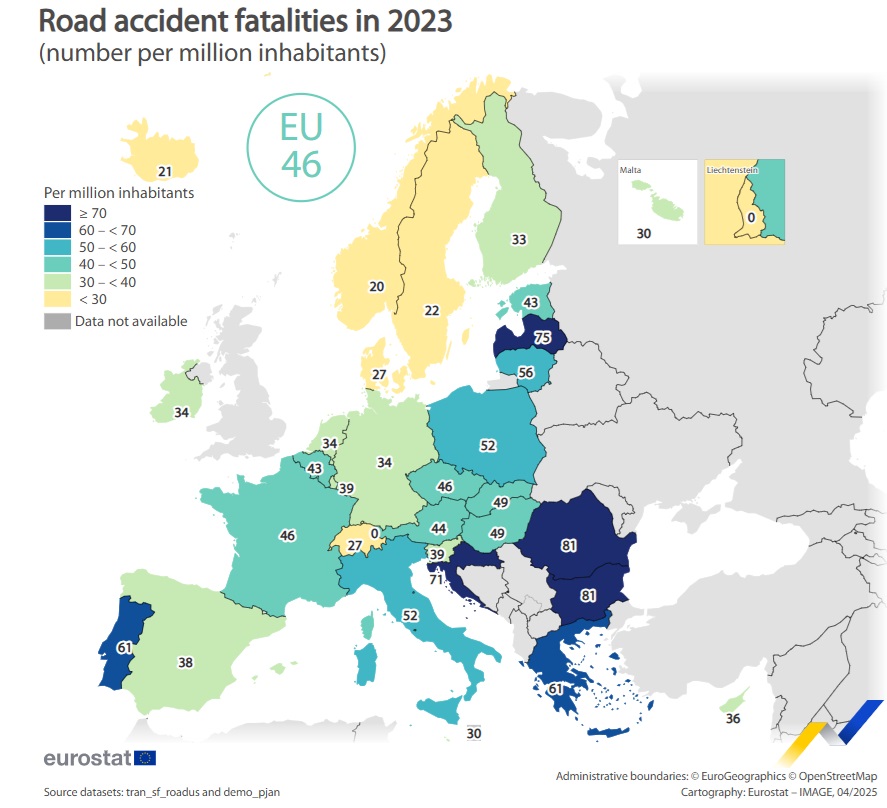 Az Eurostat felmérése szerint Romániában és Bulgáriában volt a legtöbb halálos kimenetelű autóbaleset | Fotó: Eurostat