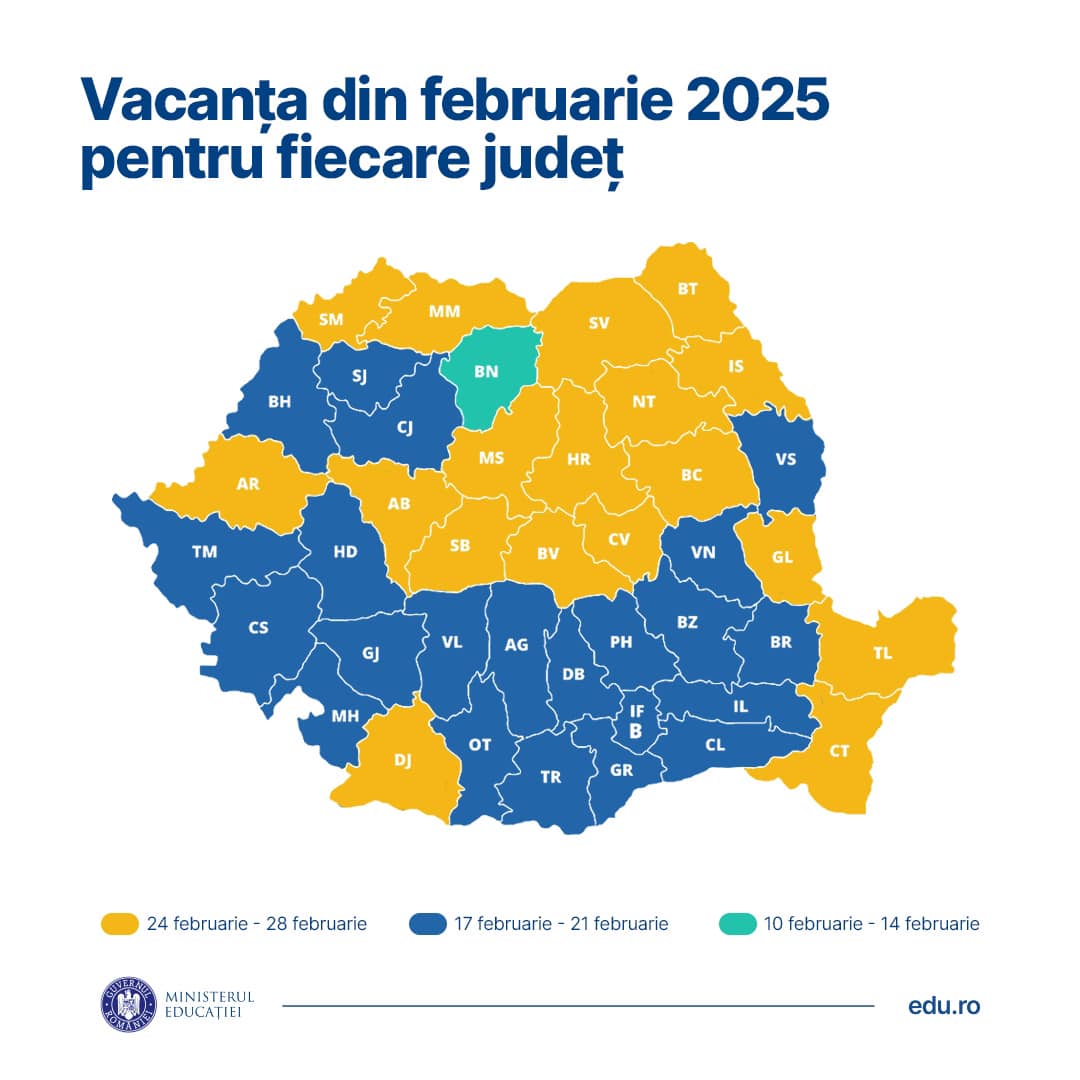 A februári vakáció megyénkénti eloszlása | Illusztráció forrása: edu.ro