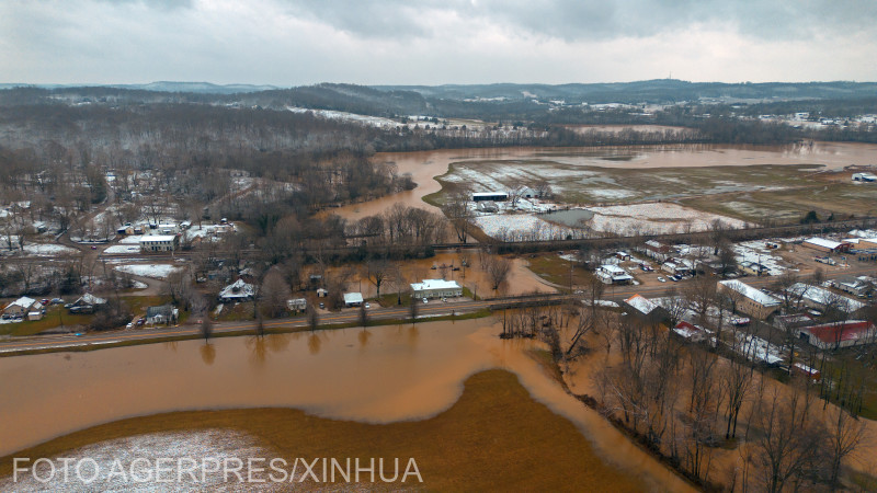 Drónfelvételen látható az elárasztott vidéki terület az Egyesült Államokban, a Kentucky állambeli Hart megyében, 2025. február 16-án. | Fotó: Agerpres/Xinhua