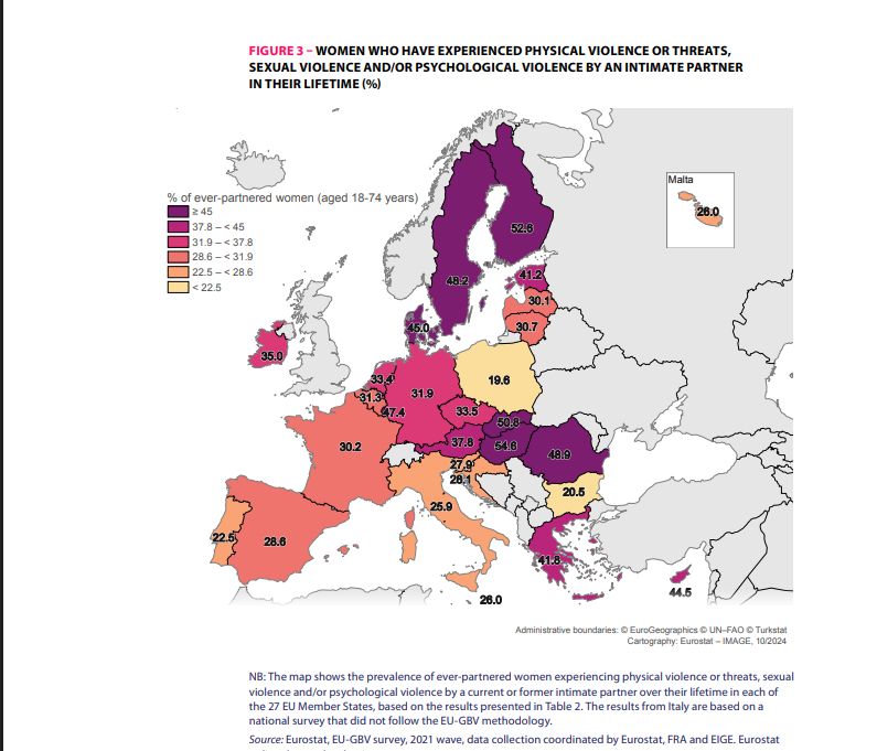 Elég sötét színben jelenik meg Románia a térképen, ami azt mutatja, a nőknek hény sázaléka szenvedett el lelki, fizikai és szexuális erőszakot a partnerétől. | Kép forrása: Eurostat