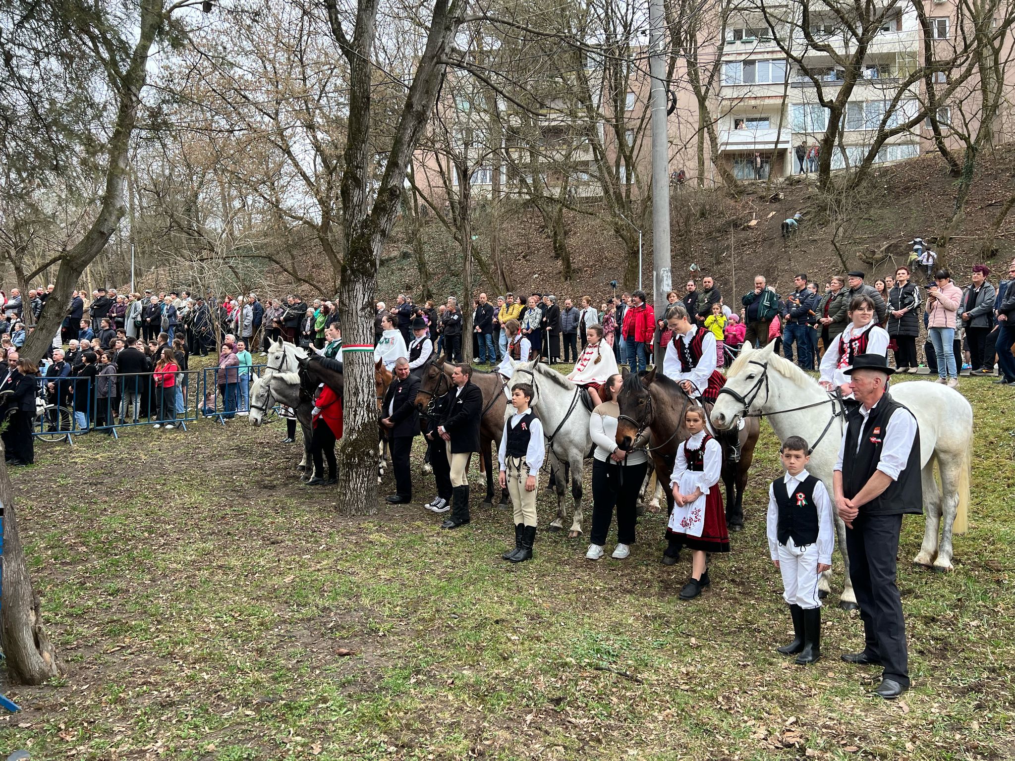 A lovasok felvonulása keserédesre sikeredett, a lószállító autóktól a helyszínig ugyanis a lovasok az állatok mellett sétálva tették meg az utat. Rendőr vezette a sort. | A szerző felvétele