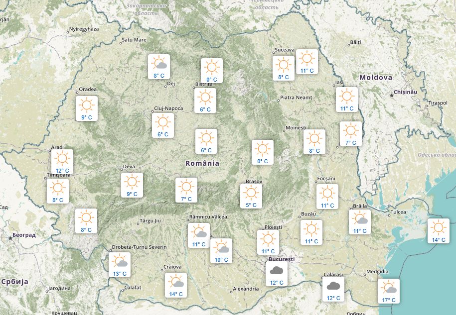 A hétfő reggel 8 órai helyzet: hűvös időre ébredt az ország. | Képernyőmentés | Kép forrása: meteoromania.ro