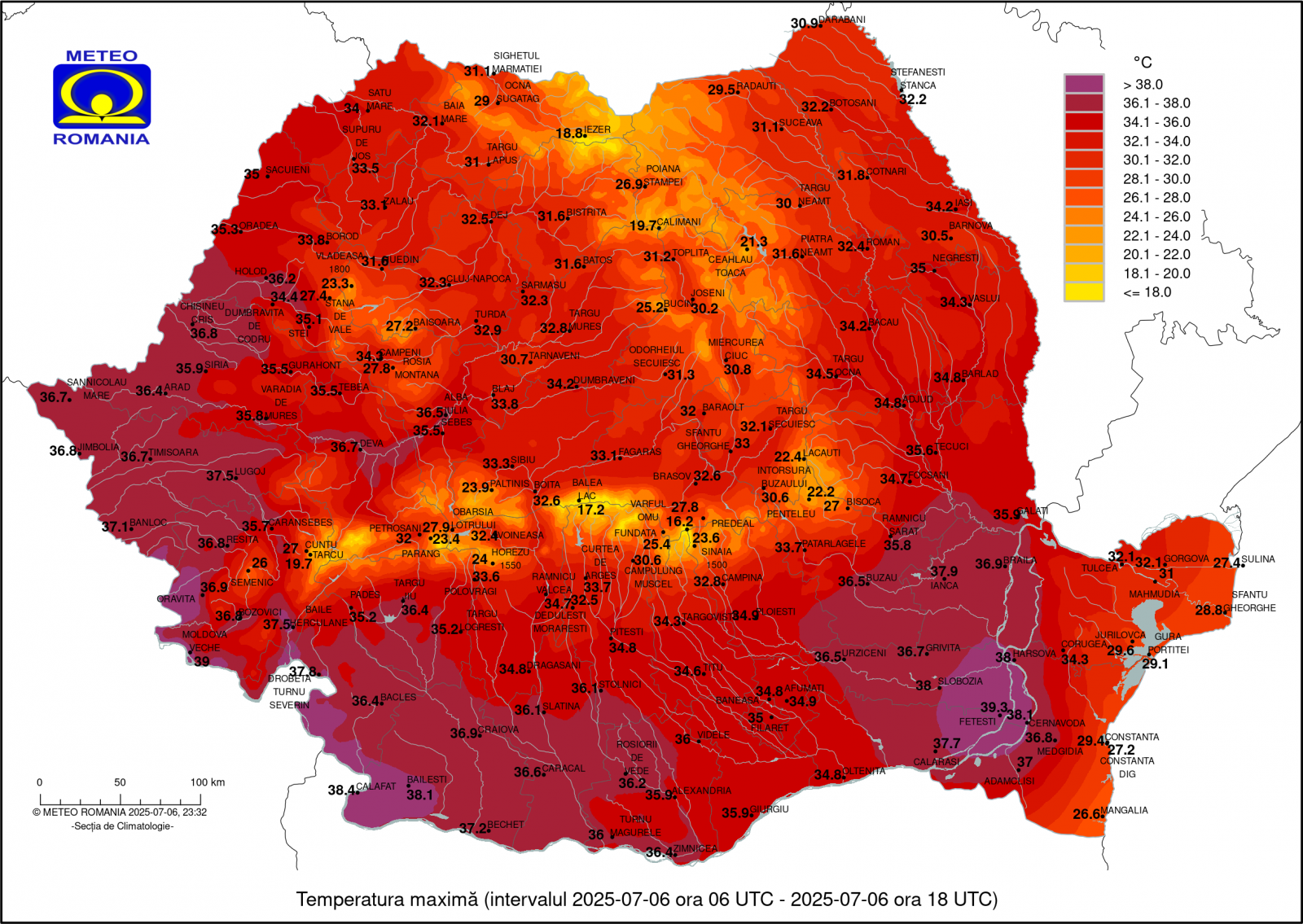 A levegő hőmérséklete vasárnap. | Kép forrása: meteoromania.ro