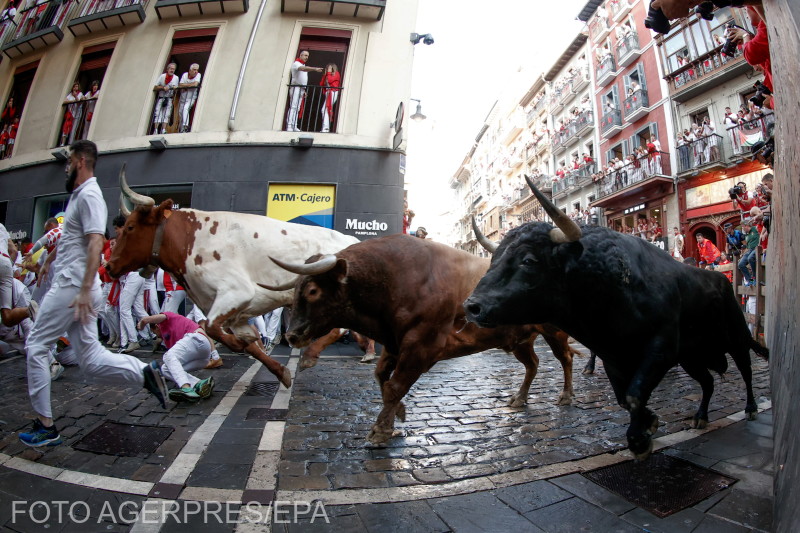 A „mozos” vagy futók rohantak a hetedik bikafuttatáson a San Fermin fesztiválon Pamplonában vasárnap. | Fotó: Agerpres/EPA
