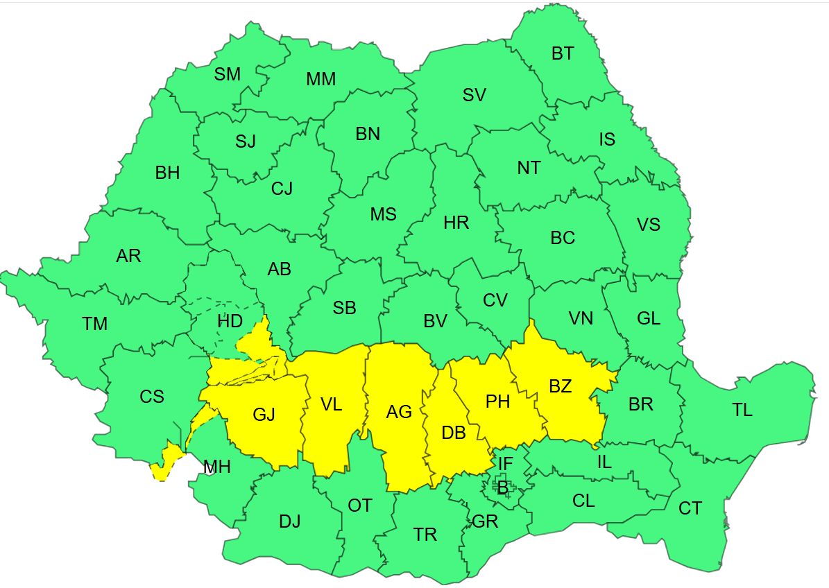 A sárgával jelölt megyékben várható négyzetméterenként akár 40 ml csapadék. | Kép forrása: meteoromania.ro