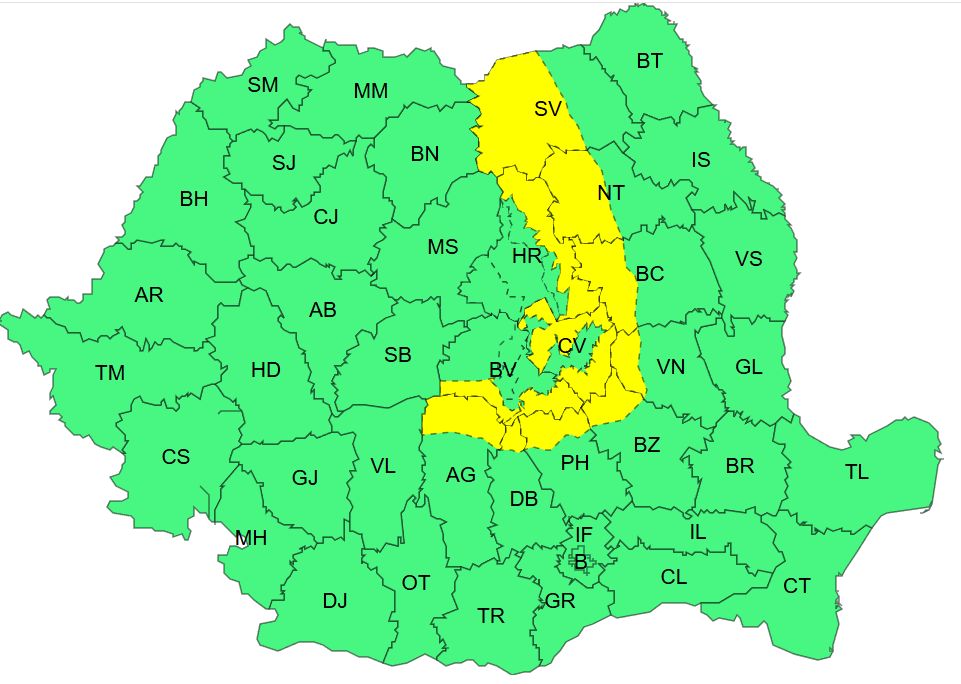 Szombaton is érinti a riasztás többek között Hargita, Bákó, Kovászna és Brassó megyét. 