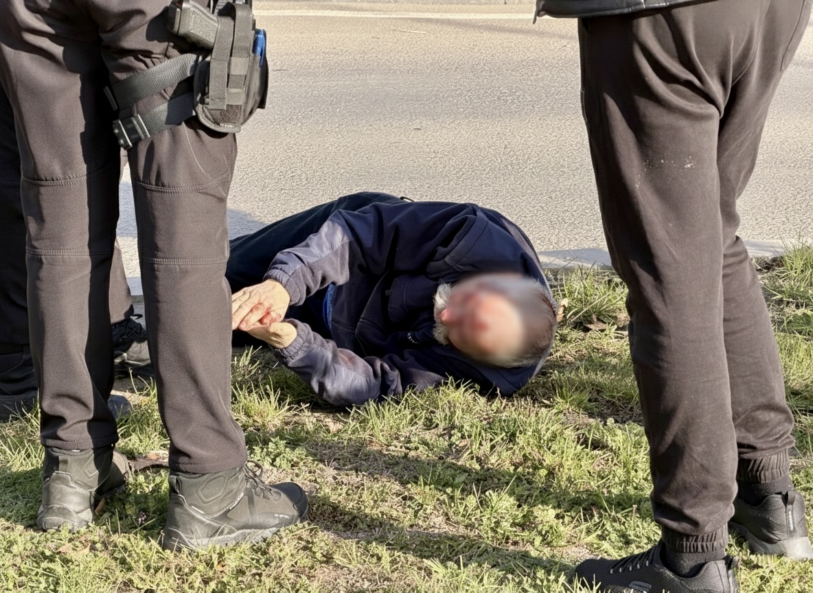 A földön fekvő ember rosszul lett. Magunk mögött kell hagynunk az előítéleteinket ilyekor | Fotó: Sepsiszentgyörgyi Helyi Rendőrség