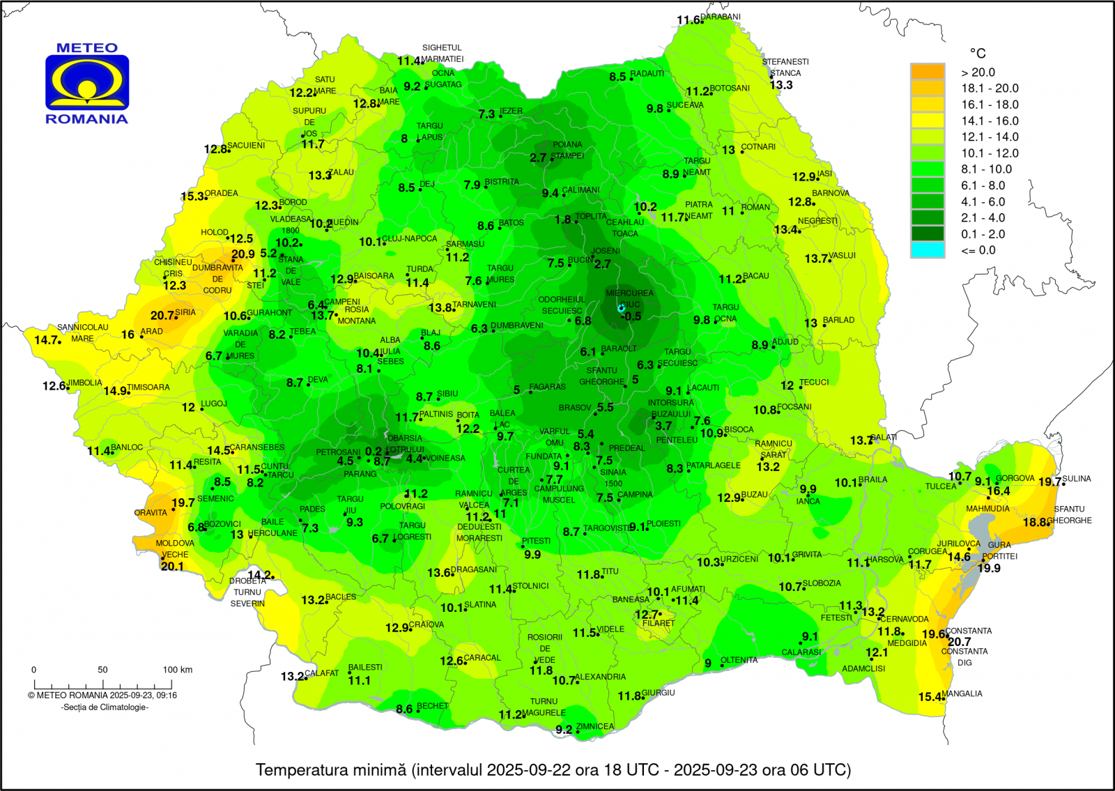 Kék folt a zöld tengerben: Csíkszereda. | Illusztráció: meteoromania.ro