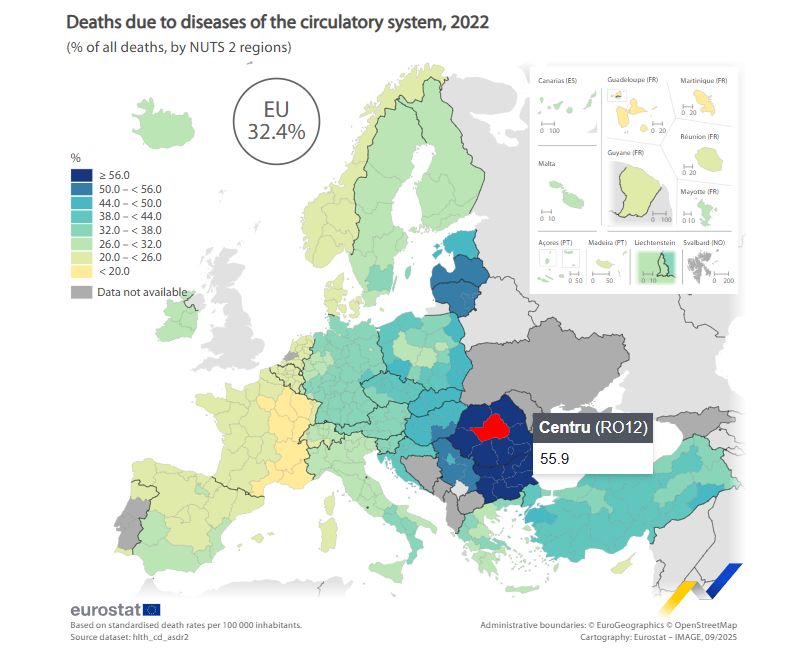 Románia megint nagyon más színű a térképen, mint a legtöbb ország. | Fotó: Eurostat