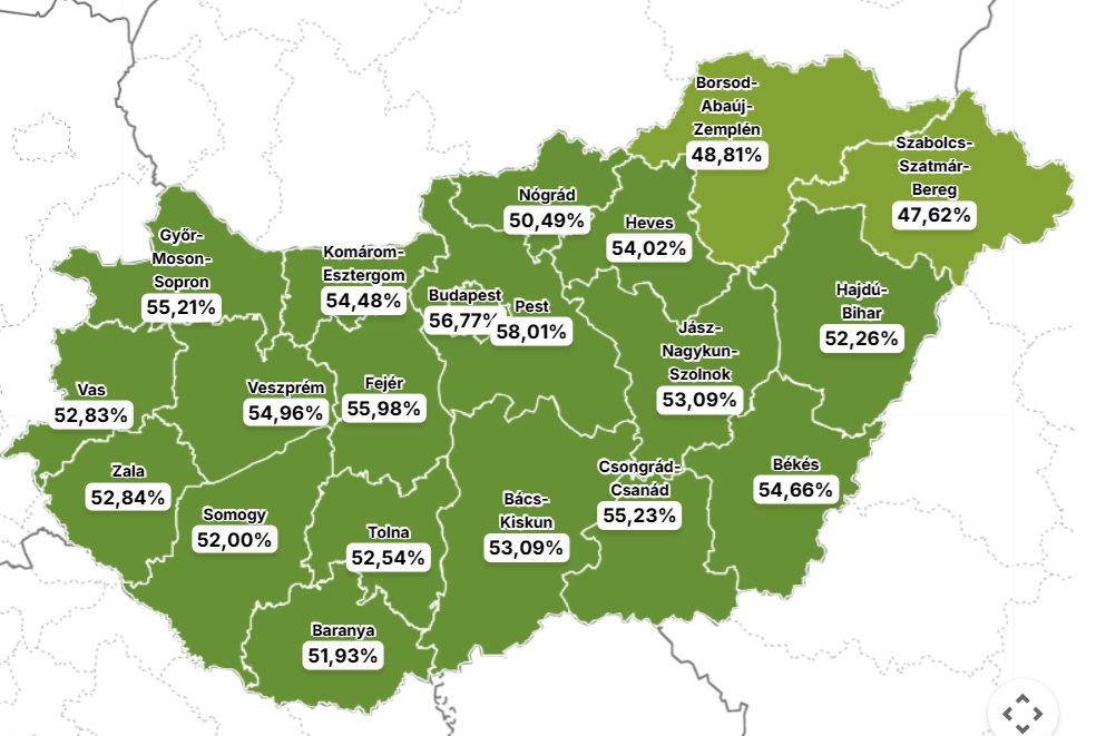 Részvétel a vármegyékben 13 órakor | Fotó: vtr.valasztas.hu/PrintScreen