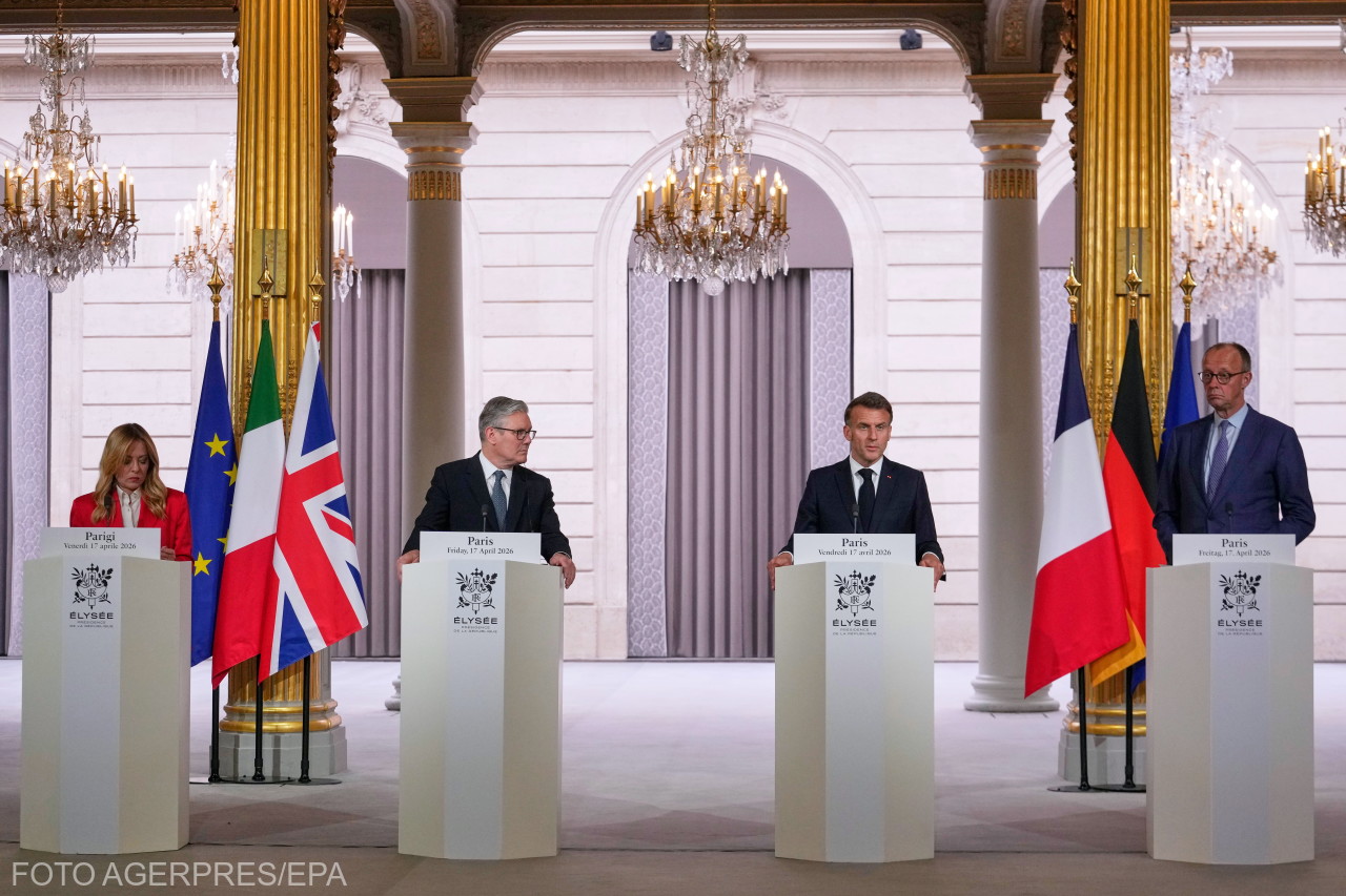 Giorgia Meloni olasz miniszterelnök (balról jobbra), Keir Starmer brit miniszterelnök, Emmanuel Macron francia elnök és Friedrich Merz német kancellár közös nyilatkozatot tesz a Hormuzi-szoros hajózási szabadságának helyreállításáról szóló nemzetközi csúcstalálkozót követően a párizsi Elysée-palotában | Fotó: Agerpres