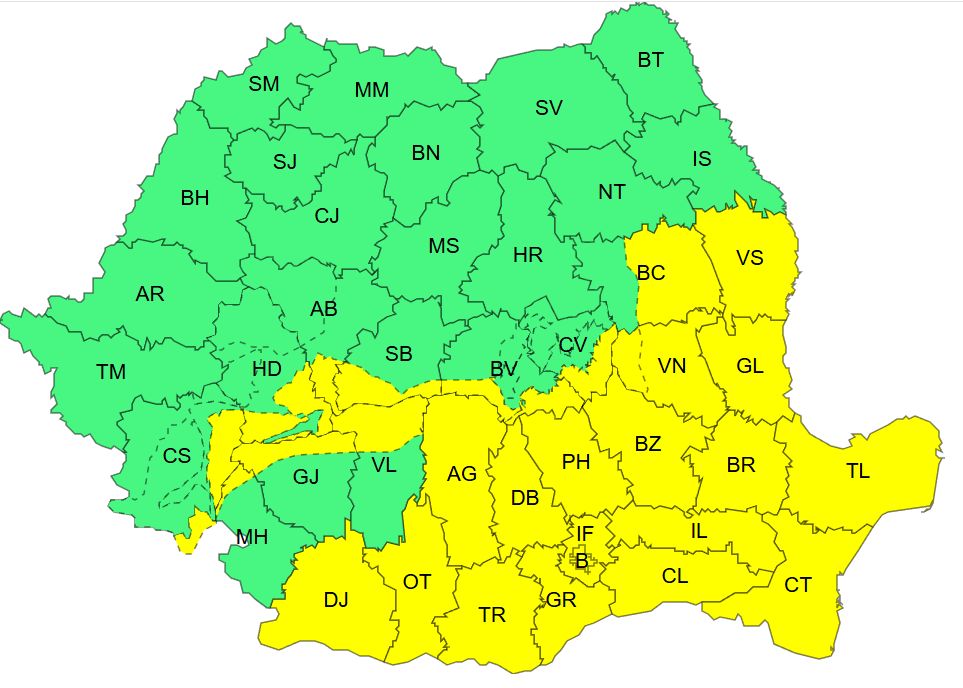 Kedd estétől szerda délutánig erős szél, havazás, hóvihar várható a sárgával jelölt területeken. | Kép forrása: meteoromania.ro