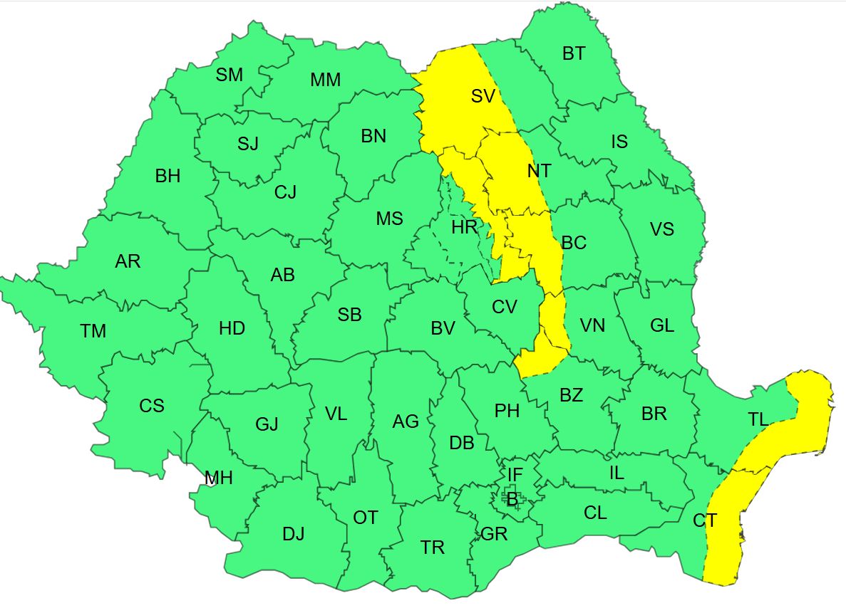 A sárgával jelzett részeket érinti az elősfokú figyelmeztetés. | Kép forrása: meteoromania.ro