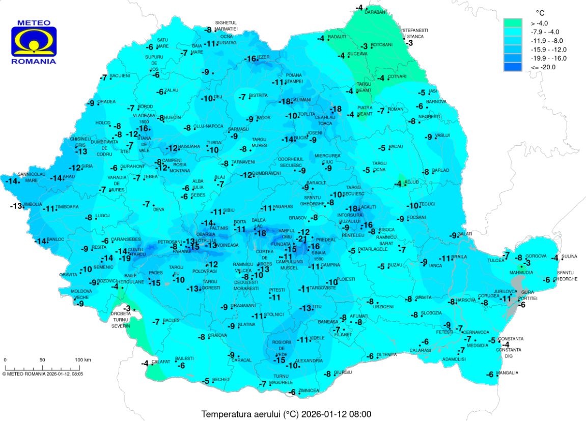 A hőmérsékletek hétfő reggel. | Kép forrása: meteoromania.ro