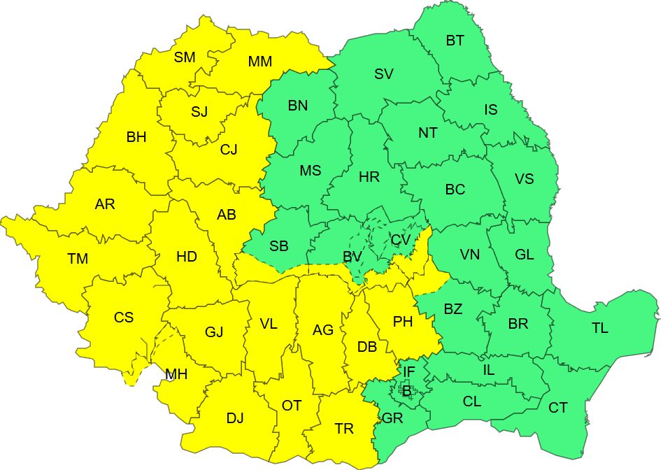 Hétfőn 13 órától kedden 14 óráig érvényes az elsőfokú figyelmeztetés az ország felére. | Kép forrása: meteoromania.ro