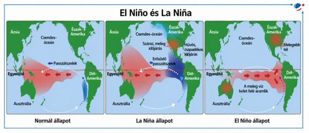 A Csendes-óceán egyenlítői térségében zajló légköri és óceáni folyamatok: normál állapot, La Niña és El Niño jelenség. A piros az átlagosnál melegebb felszíni vízhőmérséklet, kék az átlagosnál hidegebb | Forrás: https://visionias.in/current-affairs/monthly-magazine/2024-03-15/environment/triple-dip-la-nina