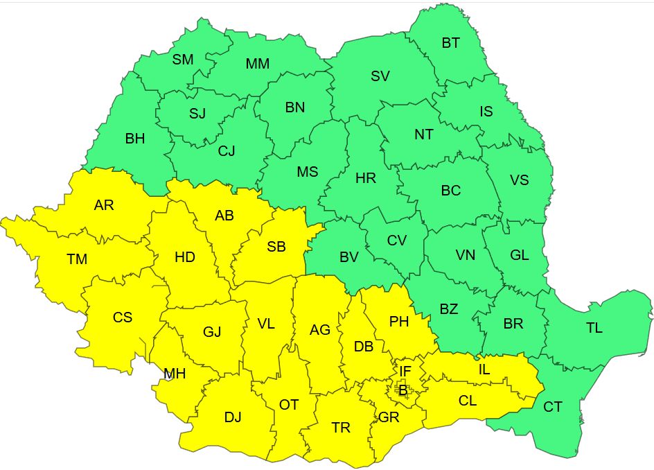 Az érintett területek sárgával jelölve. | Kép forrása: meteoromania.ro