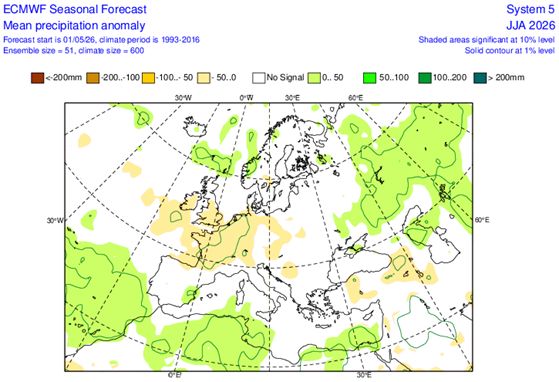 Az ECMWF szezonális csapadék-előrejelzése a 2026-os nyári időszakra (június-augusztus), eltérések milliméterben az 1993–2016-os klímaátlaghoz viszonyítva. | Forrás ECMWF | Charts
