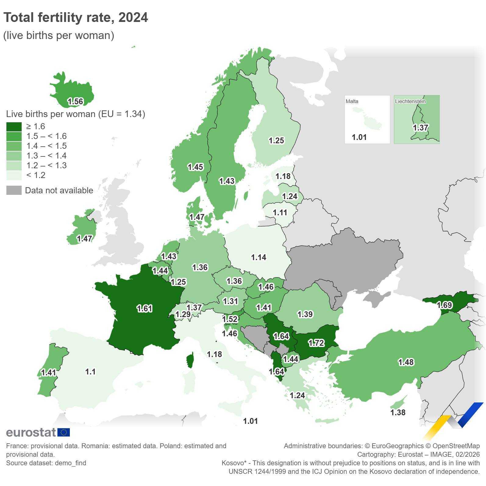Termékenységi ráta, az egy nőre jutó élveszületések száma országonként. | Forrás: Eurostat