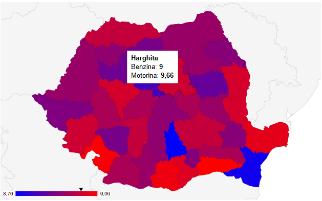 A térkép a legalacsonyabb árakat mutatja. Minél vörösebb a szín, annál drágább az üzemanyag | Fotó: peco-online.ro/képernyőmentés