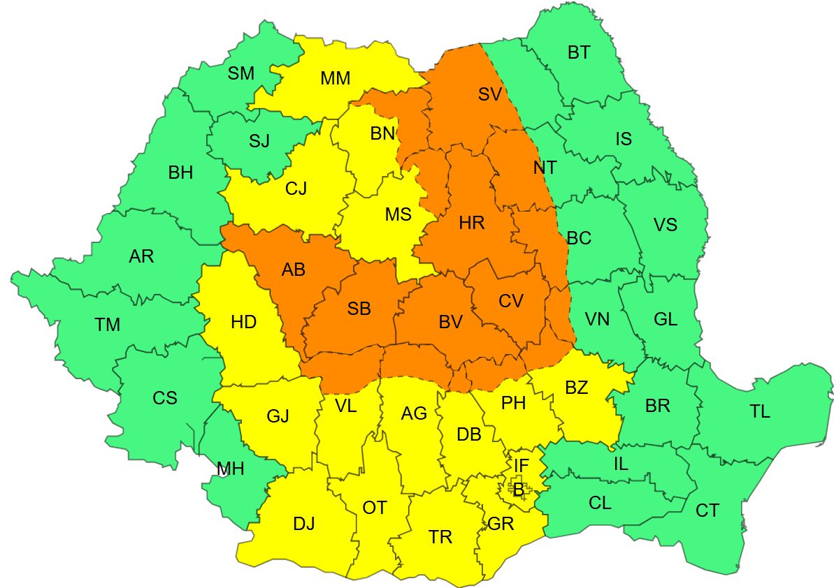 Zivatarok, viharos idő várható. A narancssárgával jelölt térségekben még erősebb viharok várhatók, és négyzetméterenként akár 60 liter csapadékra kell készülni. | Kép forrása: meteoromania.ro
